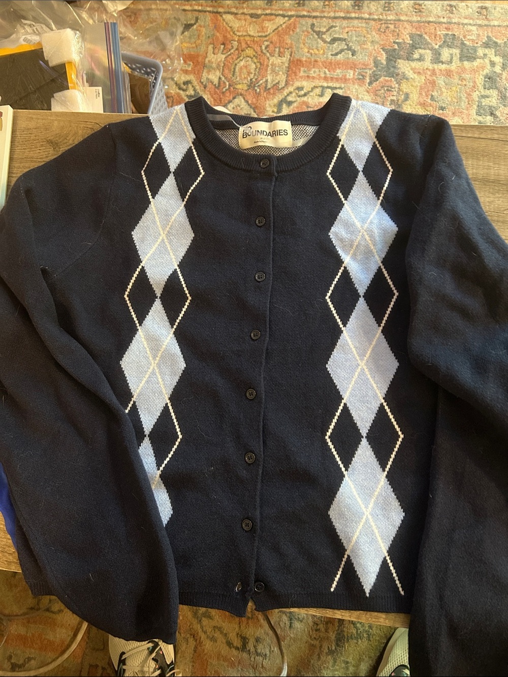 No Boundaries Navy Argyle Button-Up Cardigan size medium. NWT